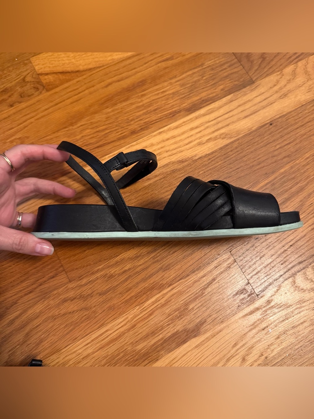 Camper Black Leather Strappy Flat Sandals with Mint Sole - Picture 8 of 11
